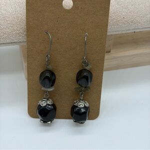 Vintage Earrings, Black & Silver Beaded Dangle Earrings